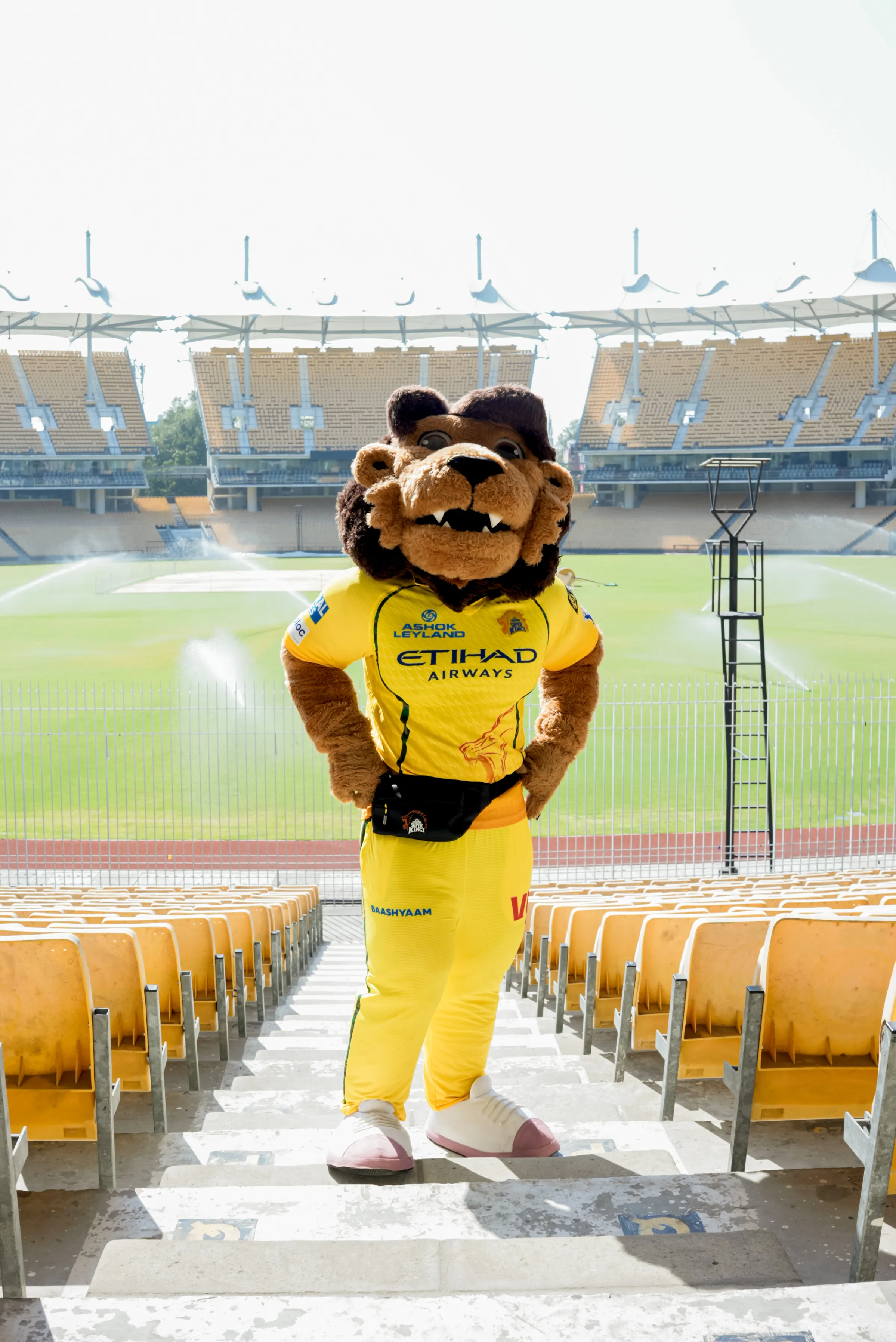 The Chennai Super Kings mascot in Hyve × CSK kit